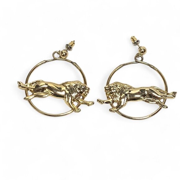 Vintage Gold Tone Hoop Earrings With Running Lions Design 2" - Picture 1 of 5